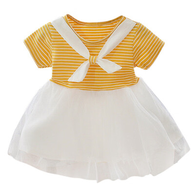 

Summer Baby Girls Casual Striped Pattern Short Sleeve Dress With Mesh Design Cotton Kids Toddler Sundress
