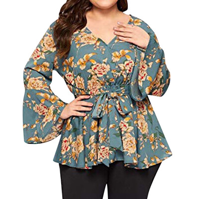 

Gobestart Fashion Women Casual Plus Size Flower Print V-Neck Long Sleeve Patchwoek Tops