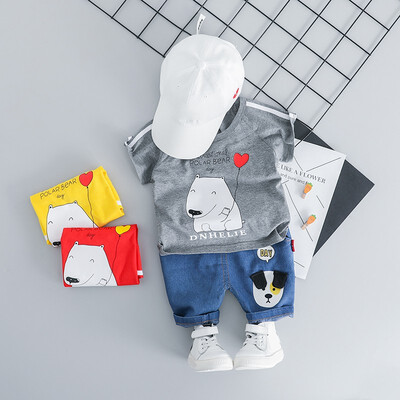 

Children Kids Boys Clothing Set Summer Cartoon Bear Printed Short Sleeve T-shirt Round Collar Casual TopsSolid Color Pants