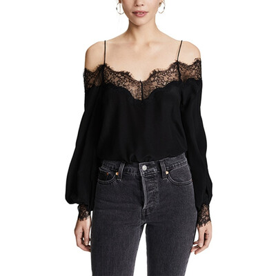 

Women Sexy Sling Strapless V Collar Lace Stitching Trim Solid Color Long Sleeve Chiffon Blouse