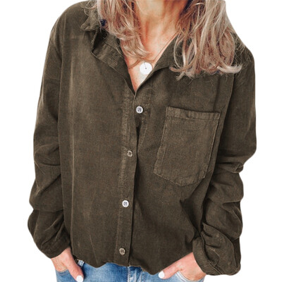 

Women Blouse Warm Corduroy New Vintage Long Sleeve V Neck Shirts Spring autumn Femme Solid Blouse Casual Tops