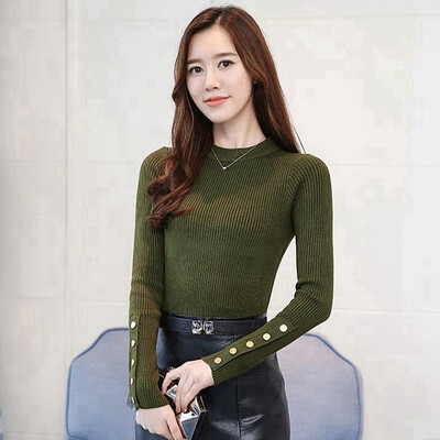 

New Hot Women Autumn Knitted Sweater Solid Knitted Female Cotton Soft Elastic Color Pullovers Button Full Sleeve Turtleneck 2019