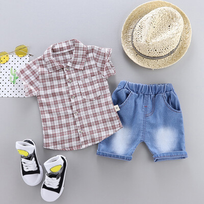 

Plaid Boy Clothes Set Summer Plaid Shirt Short Sleeve T-shirt Denim Shorts Kids Clothes Set Fashion beach Boy T-shirt