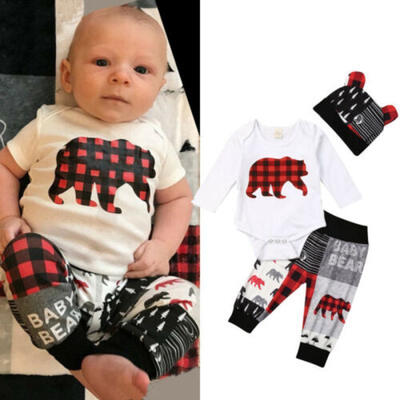 

UK 3PCS Newborn Baby Boy Girl Winter Clothes Romper Pants Hat Christmas Outfits