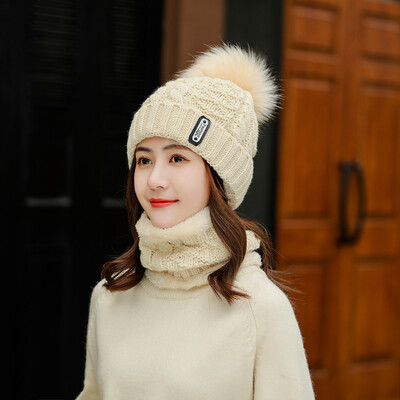

2pcsSet Women Winter Warm Pom Hat Cap Scarf Neck Thickened Plush Wool Knit