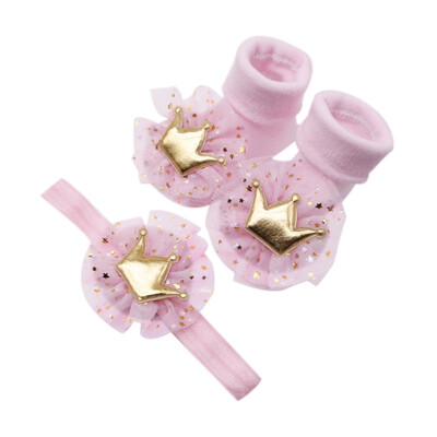 

Baby Girl Headwear Set Newborn Baby Cute Lace Cotton Socks with Crown Hairband