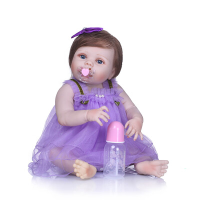 

Reborn Baby Girl Doll 22 inch Soft Full Silicone Vinyl Body Lifelike Toddler Doll Play House Bath Toy Gift for ages 3 With Blue