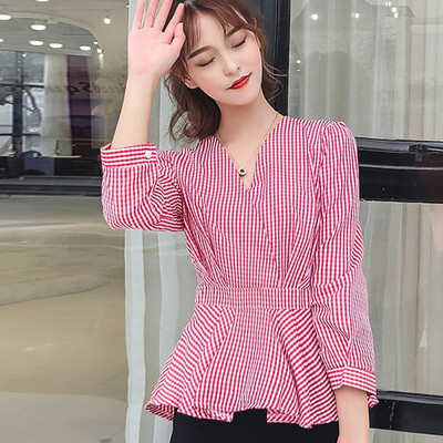 

Spring Autumn Women Blouse V-Neck Long Sleeve Work Shirts Women office Tops Plaid Blouse