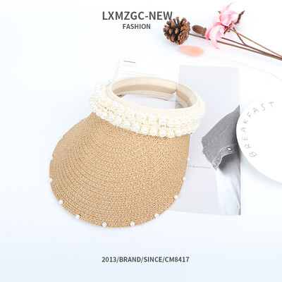 

New Parent-Child Double-Row Pearl Empty Headgear for Children Outdoor Sunshade&Sunscreen Sunhat for Adults in Summer