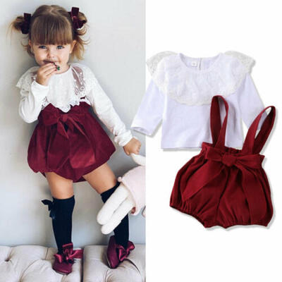 

UK Infant Baby Girl Yarn Lotus Leaf Tops Strap Lantern Shorts Overalls Clothes