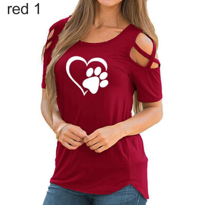 

Summer Casual Paw Print Cross Off Shoulder Short Sleeve O-Neck Women T-Shirt Top