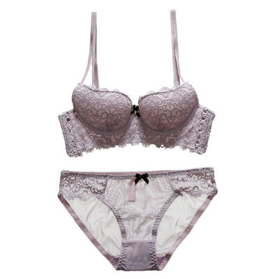 

Women Bra Sexy Lingerie Solid Color Lace Bow Openwork Flanking Gathering Half Cup Bra Panties Set
