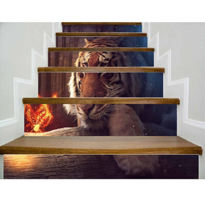 

6 pcs 3D Bookshelf Cat Tiger Self-adhesive Staircases Sticker DIY Decoration for Hallway Step Floor