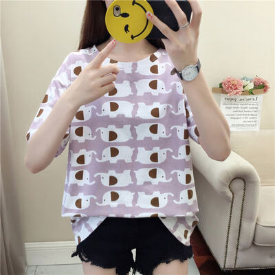 

Summer Cat Elephant Print Tshirt Women Round Collar Loose Short Sleeve Casual Simple Wild T-Shirt Casual Sweet Tops Tshirt 2019