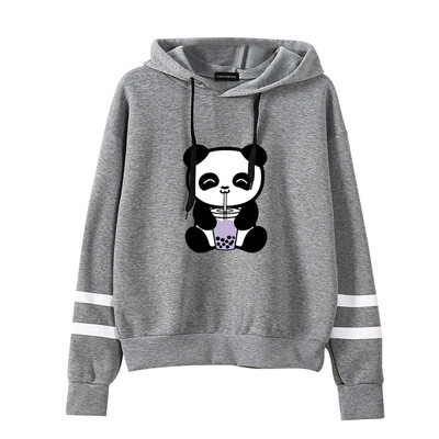 

Women Fashion Cute Bubble Tea Boba Panda Hoodie Long Sleeve Printed Hooded Sweatshirt Panda Pullover Tops