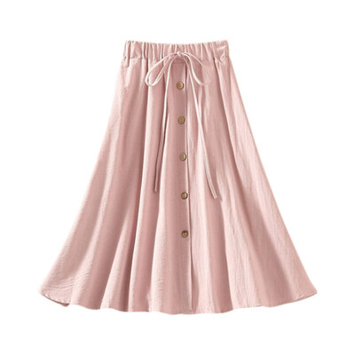 

Japan stylish cozy Cotton Linen Women Skirt High Waist A Line skirt female Button Solid Skater Casual Knee-Length Pleated Skirt