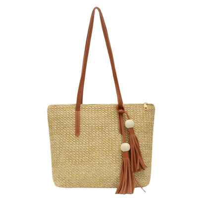 

Women Bag Versatile Straw Wood Bead Tassels Bag Large Capacity Handbag Solid Color Shoulder Bag