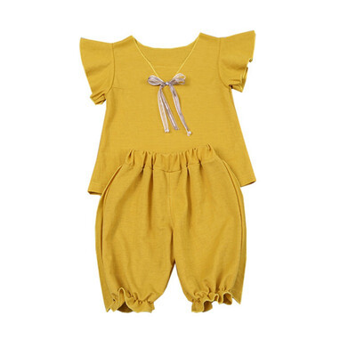 

Summer Children Girls Casual Summer Bow Flare Sleeve T-shirtShorts Suits 2Pcs Fashion Costume Set Yellow Pink Red