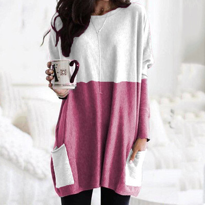 

2019 New Women Fashion O-nck Long sleeve Splice Pocket Casual T-shirt
