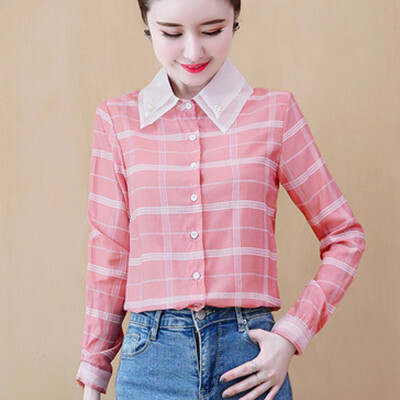

Tailored Fashion Autumn Casual Striped Plaid Chiffon Women Blouse Shirt Long Sleeve