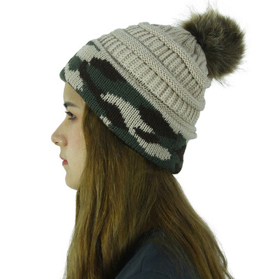 

Tailored Women Camouflage Stitching Outdoor Plush Ball Hats Crochet Knit Beanie Cap