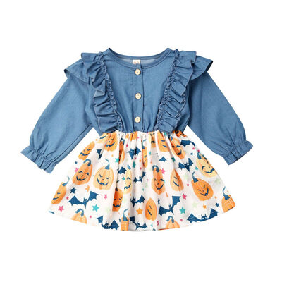 

Halloween Toddler Kids Baby Girl Denim Ruffle Dress Halloween Pumpkin Costume