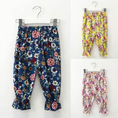 

US Casual Baby Girl Kids Ruffle Floral Printed Soft Cotton Long Pants Clothes