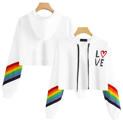 

Women New Fashion Rainbow Printing Sleeves Love Printed Crop Top Hoodies Drawstring Crop Pullover Sweatshirt