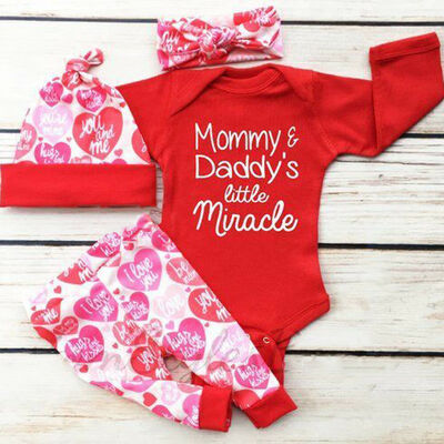 

4PCS Newborn Baby Girls LOVE Romper Bodysuit Pants Hat Outfit Clothes
