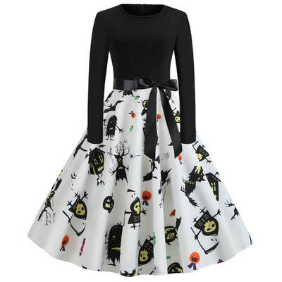 

Halloween Print Long Sleeve Crew Neck Dress vestidos de verano High Waist Floral Skull Printed Skirt Vintage Dress