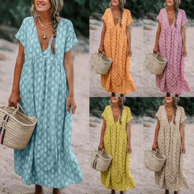 

Boho Women Short Sleeve Holiday Printing Maxi Dress V-neck Shirt Blouse Dress