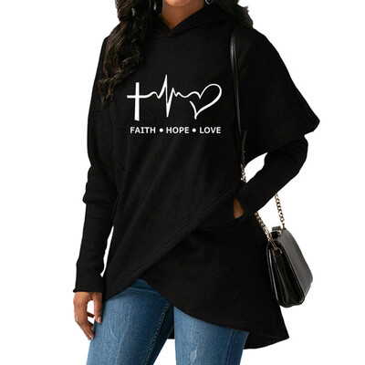 

Women Hoodie Faith Hope Love Print Irregular Hoodie Long Sleeve