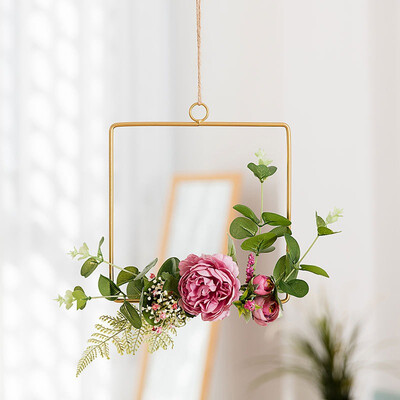 

Novelty Home Kitchen Wall Art Decoration Floral Gold Metal Geometric Hoop Wreath Artificial Flower Garland Hanging Pendant Decor