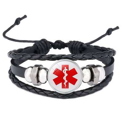 

Vintage Multilayer Woven Leather Bracelet Diabetes Medical Alert Id Charm Bracelet For Women Men
