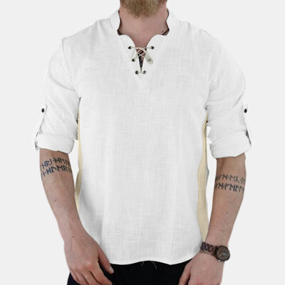 

Toponeto Mens Retro Linen Blend Patchwork Long Sleeve Drawsting Shirts Tops Blouses