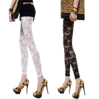 

Womens Sheer See-through Cropped Floral Lace Leggings with Lace Active Pants
