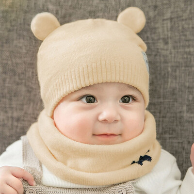 

Autumn And Winter Soft Cute Embroidered Bear Knitting Wool HatsScarfs Set Kids Baby Warm Beanie Cap Hat