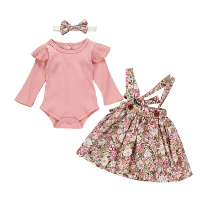 

Autumn Baby Girl Clothes Set Long Flare Sleeve Romper Tops Floral Strap Skirt Headband Outfits Clothing Set for Baby Girl
