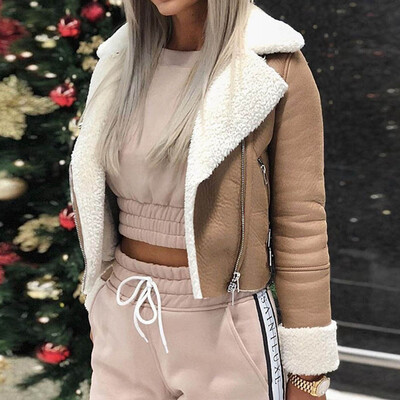 

Winter Women Jacket Lapel Motorcycle Jacket Plus Velvet Thick