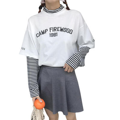 

Women Casual Striped Patchwork Fake Two Piece T-shirt Loose Long Sleeve Top