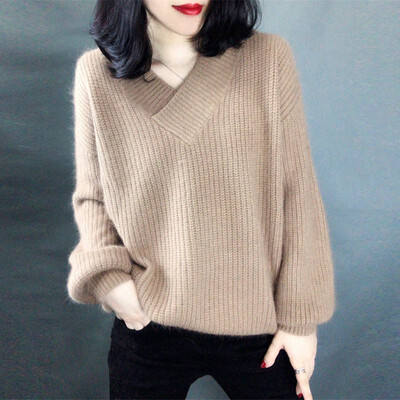 

2019 Winter Fashion Ladies Mohair Thicken Knitting Sweater Solid V-Neck Pullover Pull Femme Jumper Loose Womens Sweater sweter