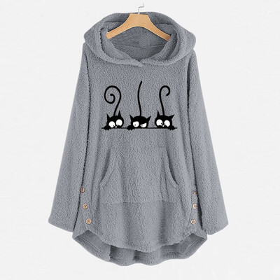 

Tailored Womens Fleece Cat Embroidery Plus Size Warm Hoodie Top Button Sweater Blouse