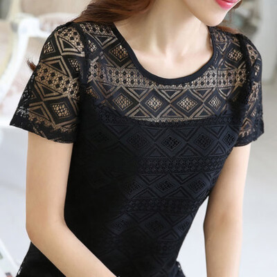 

Women Elegant Lace Blouse Femme Tops Chiffon Shirts Summer White Short Sleeve Blusas Feminina Hollow Out Blouses