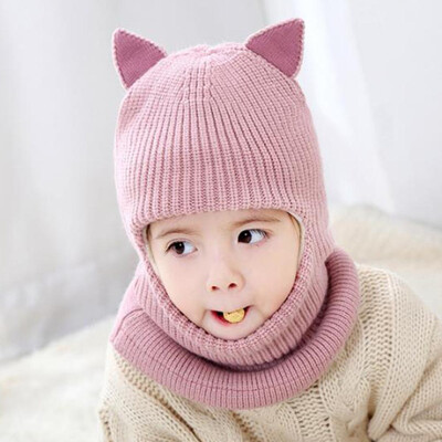 

Kid Baby Boy Girl Hooded Scarf Caps Hat Winter Warm Knit Flap Cap Scarf