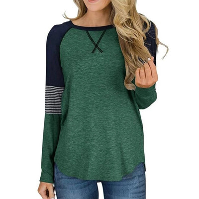 

Women T-Shirt Fashion Round Collar Summer Color Matching Loose Long Sleeve Casual Simple Wild t-shirt femme