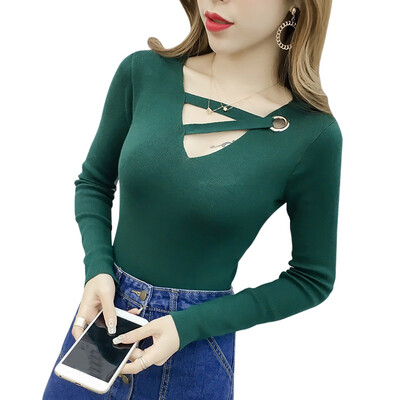 

2018 New Sexy V-Neck Hollow Out Sweater Women Pullover Casual Slim Bottoming Sweaters Female Fashion Solid Long Sleeve Tops