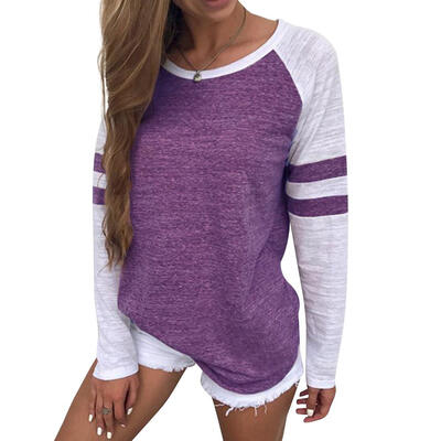 

Leisure Fashion Women T-Shirt Long Sleeve Hit Color Striped Stitching Tops