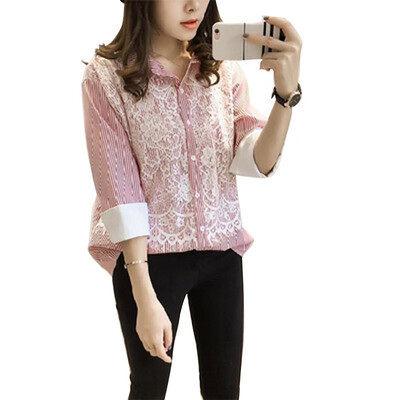 

Korean new 34 Sleeve loose shirt lace trim Patchwork casual shirt blouses women tops three quarter turn-down sleeve streetwear