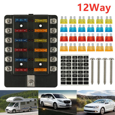 

12 Way Universal Circuit Standard Blade Fuse Box Holder with LED Warning Indicator Damp-Proof Cover Fuse Block