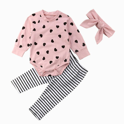

New Year Baby Girls Clothes Set 3PCS Spring Girls Jumpsuits Striped Pants Bow Hair Band Girls Rompers Set